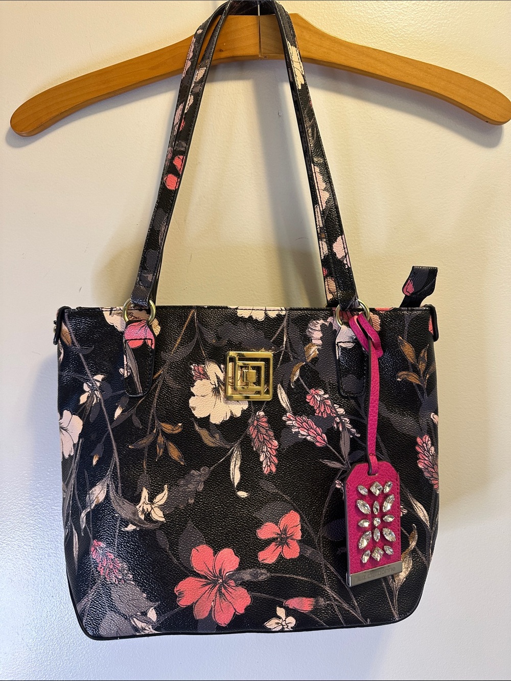 Floral Black Tote with Pink Accents and Gold Hardware